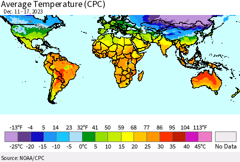 World Average Temperature (CPC) Thematic Map For 12/11/2023 - 12/17/2023