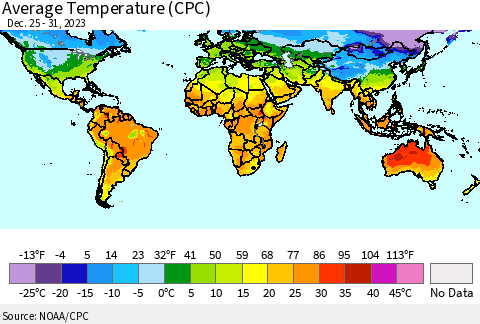 World Average Temperature (CPC) Thematic Map For 12/25/2023 - 12/31/2023