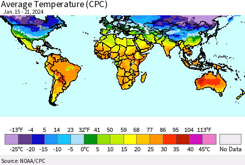 World Average Temperature (CPC) Thematic Map For 1/15/2024 - 1/21/2024