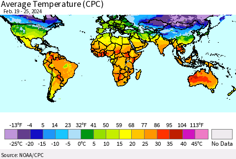 World Average Temperature (CPC) Thematic Map For 2/19/2024 - 2/25/2024