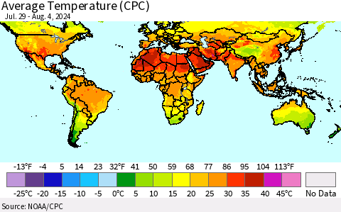 World Average Temperature (CPC) Thematic Map For 7/29/2024 - 8/4/2024