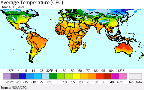 World Average Temperature (CPC) Thematic Map For 11/4/2024 - 11/10/2024