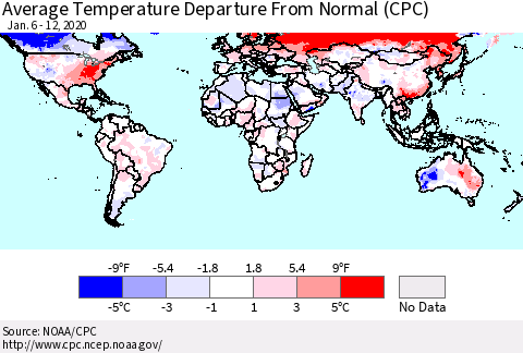 World Average Temperature Departure from Normal (CPC) Thematic Map For 1/6/2020 - 1/12/2020
