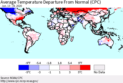 World Average Temperature Departure from Normal (CPC) Thematic Map For 1/13/2020 - 1/19/2020
