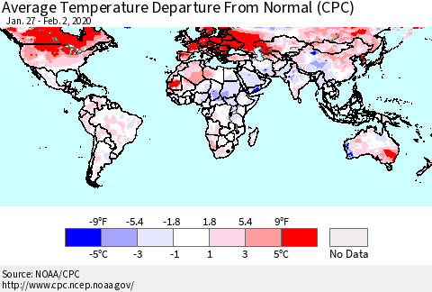 World Average Temperature Departure from Normal (CPC) Thematic Map For 1/27/2020 - 2/2/2020
