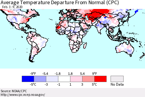 World Average Temperature Departure from Normal (CPC) Thematic Map For 2/3/2020 - 2/9/2020