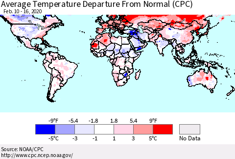 World Average Temperature Departure from Normal (CPC) Thematic Map For 2/10/2020 - 2/16/2020
