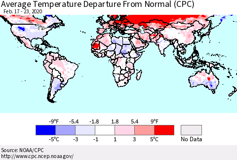 World Average Temperature Departure from Normal (CPC) Thematic Map For 2/17/2020 - 2/23/2020