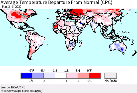 World Average Temperature Departure from Normal (CPC) Thematic Map For 3/2/2020 - 3/8/2020