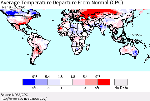 World Average Temperature Departure from Normal (CPC) Thematic Map For 3/9/2020 - 3/15/2020
