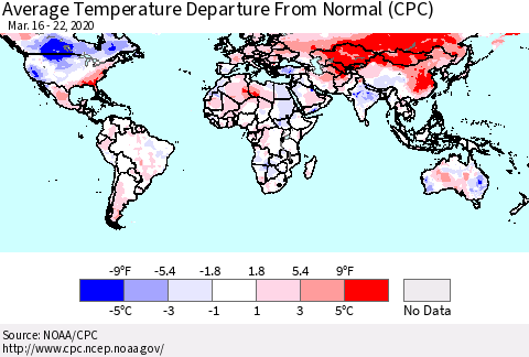 World Average Temperature Departure from Normal (CPC) Thematic Map For 3/16/2020 - 3/22/2020