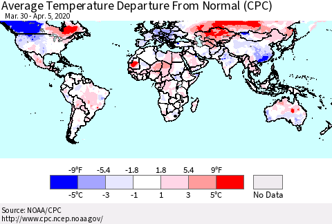 World Average Temperature Departure from Normal (CPC) Thematic Map For 3/30/2020 - 4/5/2020