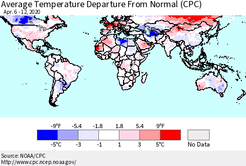 World Average Temperature Departure from Normal (CPC) Thematic Map For 4/6/2020 - 4/12/2020