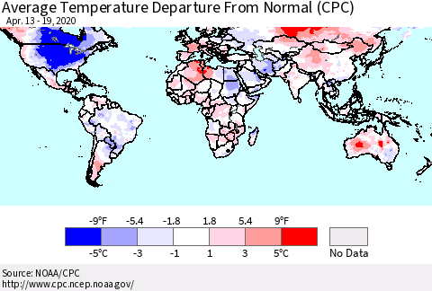 World Average Temperature Departure from Normal (CPC) Thematic Map For 4/13/2020 - 4/19/2020