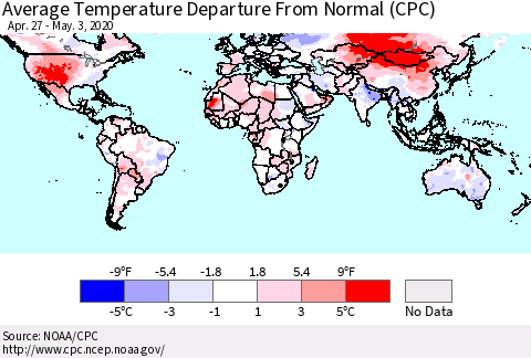 World Average Temperature Departure from Normal (CPC) Thematic Map For 4/27/2020 - 5/3/2020