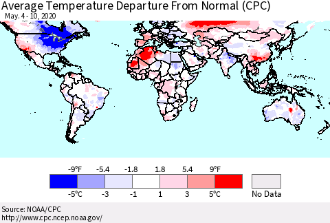 World Average Temperature Departure from Normal (CPC) Thematic Map For 5/4/2020 - 5/10/2020