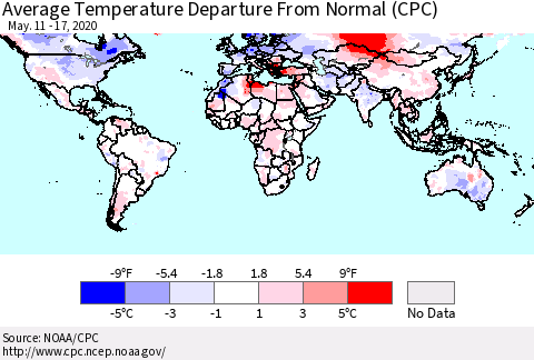 World Average Temperature Departure from Normal (CPC) Thematic Map For 5/11/2020 - 5/17/2020