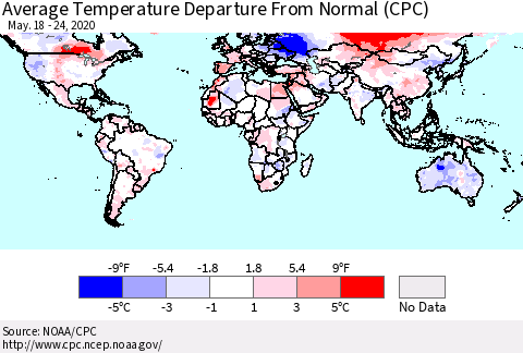 World Average Temperature Departure from Normal (CPC) Thematic Map For 5/18/2020 - 5/24/2020