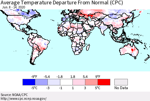 World Average Temperature Departure from Normal (CPC) Thematic Map For 6/8/2020 - 6/14/2020