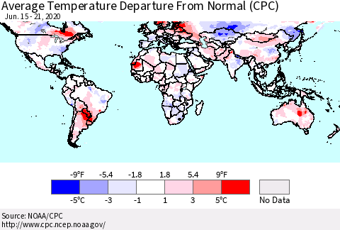 World Average Temperature Departure from Normal (CPC) Thematic Map For 6/15/2020 - 6/21/2020