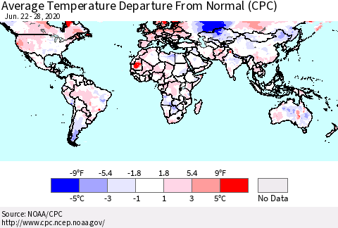 World Average Temperature Departure from Normal (CPC) Thematic Map For 6/22/2020 - 6/28/2020