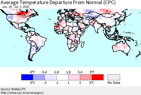 World Average Temperature Departure from Normal (CPC) Thematic Map For 6/29/2020 - 7/5/2020
