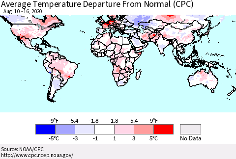 World Average Temperature Departure from Normal (CPC) Thematic Map For 8/10/2020 - 8/16/2020