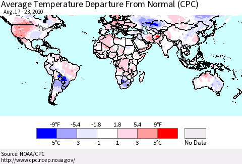 World Average Temperature Departure from Normal (CPC) Thematic Map For 8/17/2020 - 8/23/2020