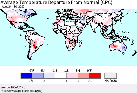 World Average Temperature Departure from Normal (CPC) Thematic Map For 8/24/2020 - 8/30/2020
