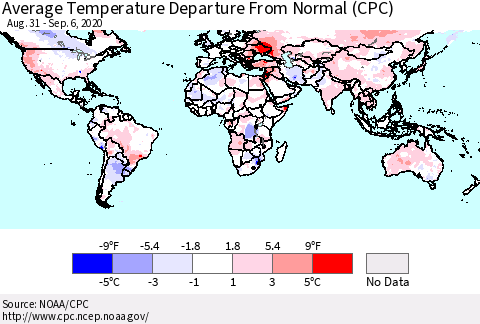 World Average Temperature Departure from Normal (CPC) Thematic Map For 8/31/2020 - 9/6/2020