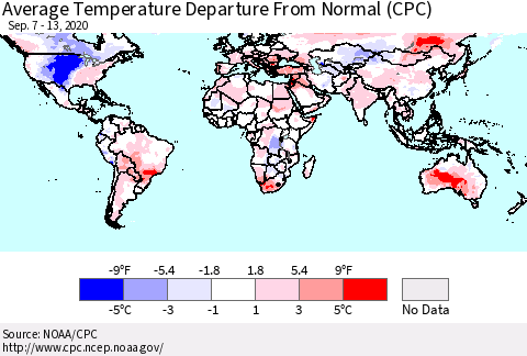 World Average Temperature Departure from Normal (CPC) Thematic Map For 9/7/2020 - 9/13/2020