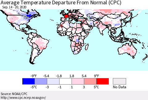World Average Temperature Departure from Normal (CPC) Thematic Map For 9/14/2020 - 9/20/2020