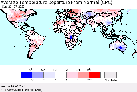 World Average Temperature Departure from Normal (CPC) Thematic Map For 9/21/2020 - 9/27/2020