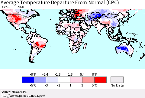 World Average Temperature Departure from Normal (CPC) Thematic Map For 10/5/2020 - 10/11/2020