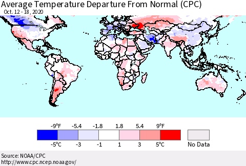 World Average Temperature Departure from Normal (CPC) Thematic Map For 10/12/2020 - 10/18/2020