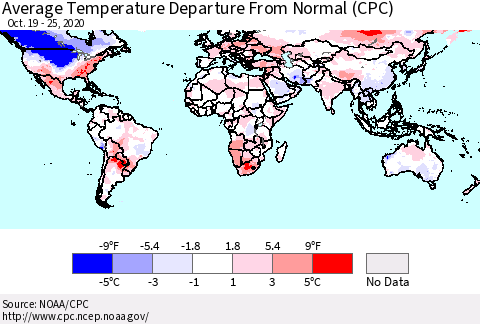 World Average Temperature Departure from Normal (CPC) Thematic Map For 10/19/2020 - 10/25/2020