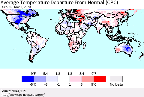 World Average Temperature Departure from Normal (CPC) Thematic Map For 10/26/2020 - 11/1/2020
