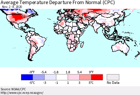 World Average Temperature Departure from Normal (CPC) Thematic Map For 11/2/2020 - 11/8/2020