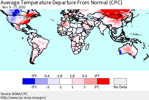 World Average Temperature Departure from Normal (CPC) Thematic Map For 11/9/2020 - 11/15/2020