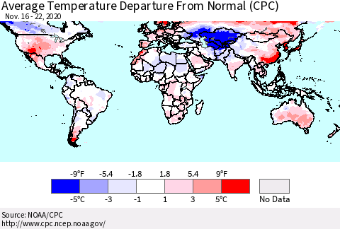 World Average Temperature Departure from Normal (CPC) Thematic Map For 11/16/2020 - 11/22/2020
