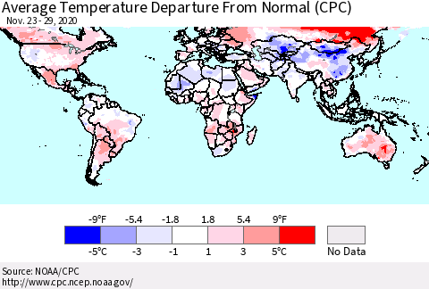 World Average Temperature Departure from Normal (CPC) Thematic Map For 11/23/2020 - 11/29/2020