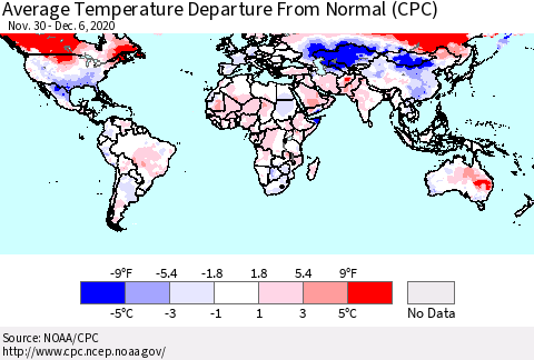 World Average Temperature Departure from Normal (CPC) Thematic Map For 11/30/2020 - 12/6/2020