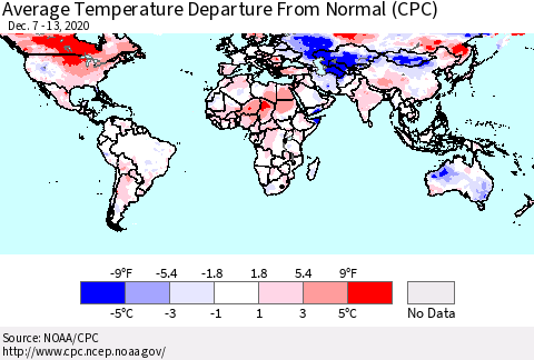 World Average Temperature Departure from Normal (CPC) Thematic Map For 12/7/2020 - 12/13/2020