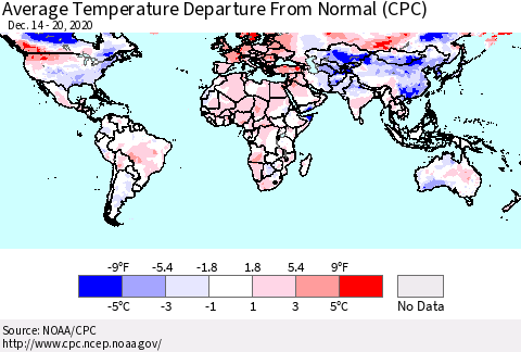World Average Temperature Departure from Normal (CPC) Thematic Map For 12/14/2020 - 12/20/2020