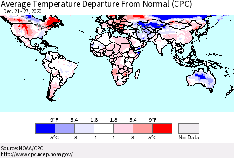 World Average Temperature Departure from Normal (CPC) Thematic Map For 12/21/2020 - 12/27/2020
