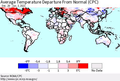 World Average Temperature Departure from Normal (CPC) Thematic Map For 12/28/2020 - 1/3/2021
