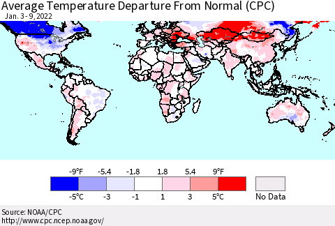 World Average Temperature Departure from Normal (CPC) Thematic Map For 1/3/2022 - 1/9/2022