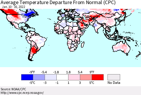 World Average Temperature Departure from Normal (CPC) Thematic Map For 1/10/2022 - 1/16/2022