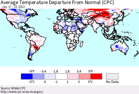 World Average Temperature Departure from Normal (CPC) Thematic Map For 1/17/2022 - 1/23/2022