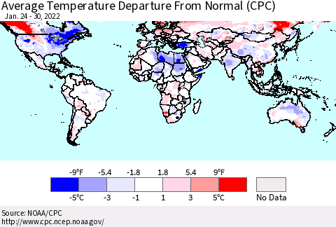 World Average Temperature Departure from Normal (CPC) Thematic Map For 1/24/2022 - 1/30/2022